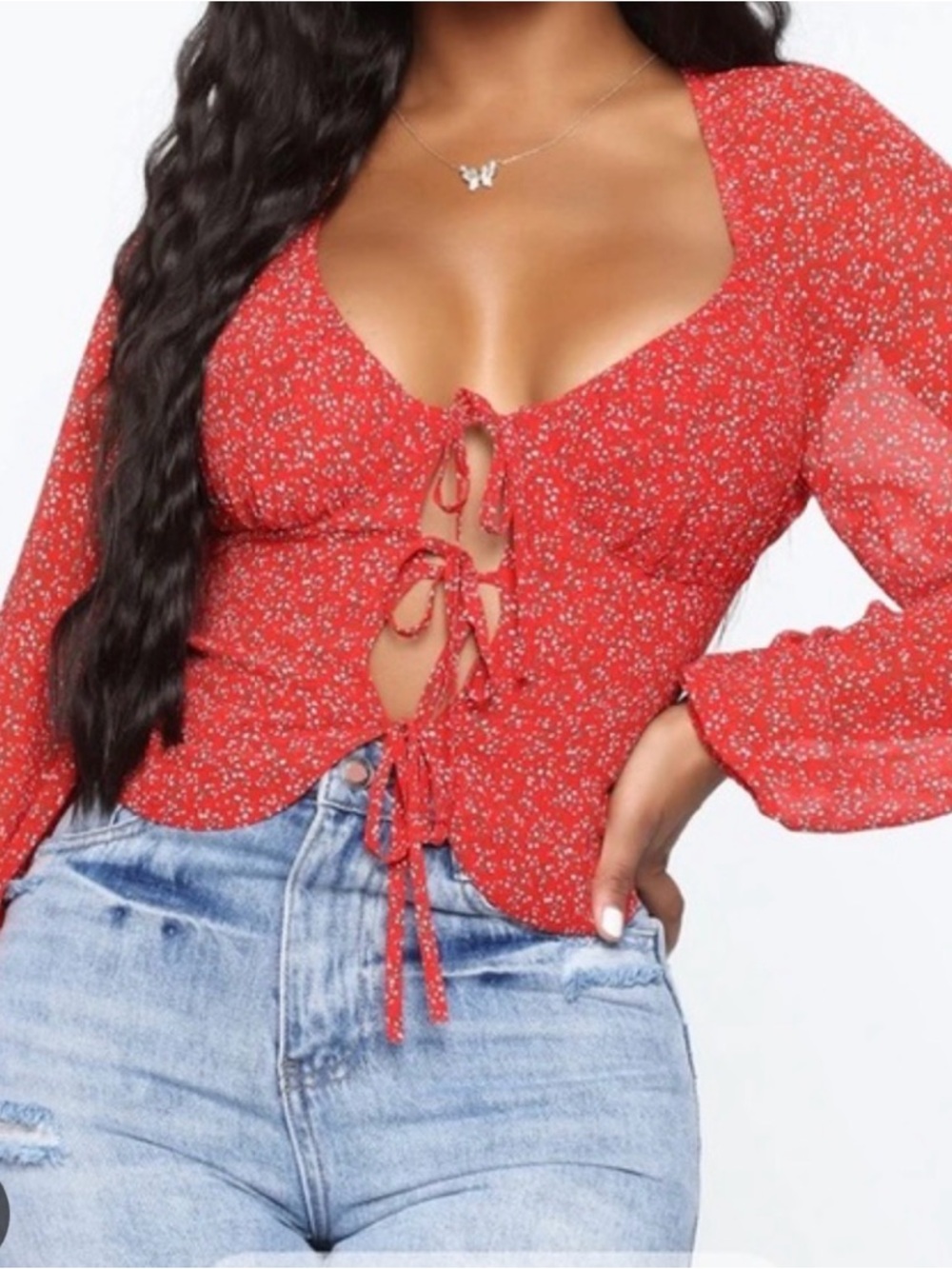 Fashion Nova Red Floral Tie-Front Puff Sleeve Blouse
